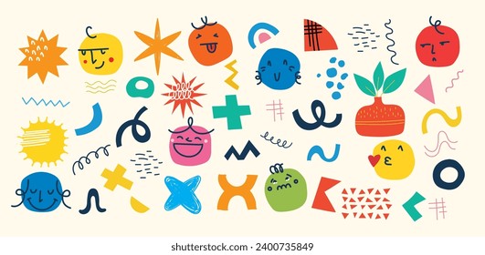 Set of abstract retro geometric doodle shapes vector. Collection of contemporary Vector illustrations and design elements perfect for banner, print, stickers, pins in cartoon 80s-90s style.