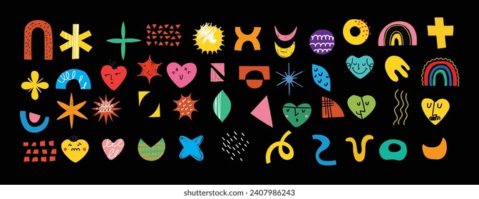 Set of abstract retro geometric doodle shapes vector. Collection of contemporary Vector illustrations and design elements perfect for banner, print, stickers, pins in cartoon 80s-90s style.
