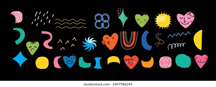 Set of abstract retro geometric doodle shapes vector. Collection of contemporary Vector illustrations and design elements perfect for banner, print, stickers, pins in cartoon 80s-90s style.