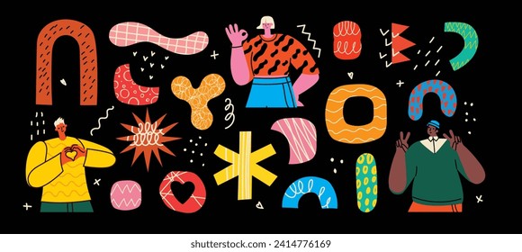 Set of abstract retro geometric doodle shapes vector, people. Collection of contemporary Vector illustrations and design elements perfect for banner, print, stickers in cartoon 80s-90s style.