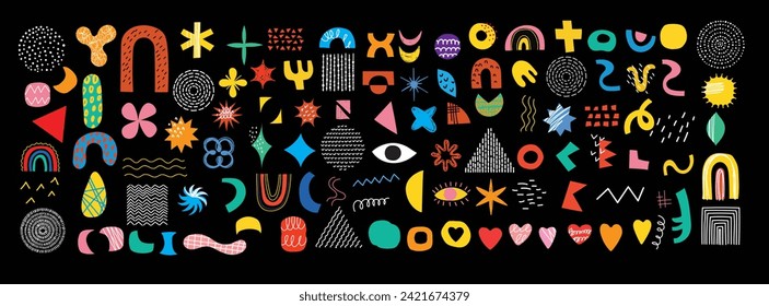 Conjunto de formas abstractas de doodle geométrico retro vectorial. Colección de ilustraciones Vectoras contemporáneas y elementos de diseño perfectos para banner, impresión, pegatinas, pines en el estilo de las caricaturas de los años 80-90.