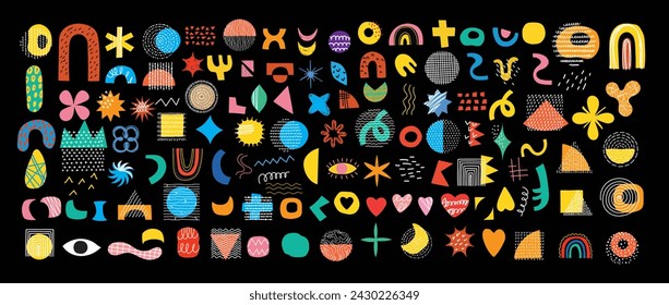 Set of abstract retro geometric doodle shapes vector. Collection of contemporary Vector illustrations and design elements perfect for banner, print, stickers, pins in cartoon 80s-90s style.