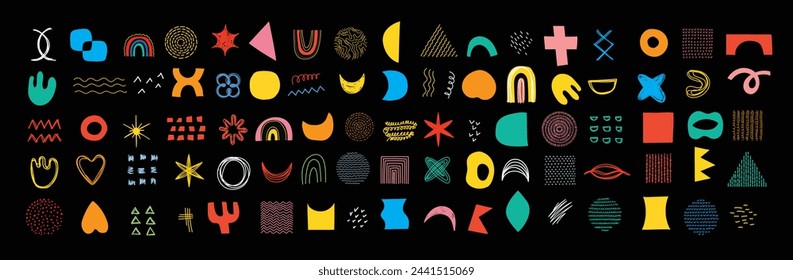 Set of abstract retro geometric doodle shapes vector. Collection of contemporary Vector illustrations and design elements perfect for banner, print, stickers, pins in cartoon 80s-90s style.