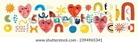 Set of abstract retro geometric doodle shapes vector. Collection of contemporary figure, shapes, hearts in 70s groovy style, design elements. Happy valentine's day concept for greeting cards