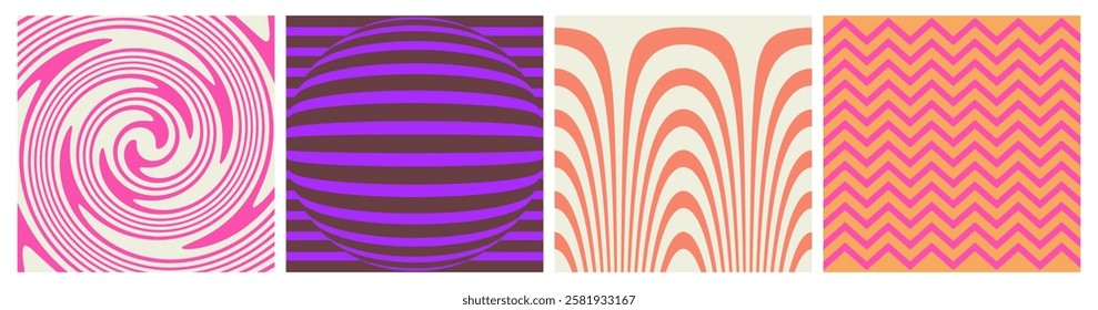 Set of abstract retro geometric patterns. Optical illusion background texture