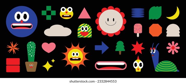 Set of abstract retro geometric shape vector. Collection of contemporary figure, face, snail, flower, sun in 70s groovy style. Cute hippie design element perfect for banner, print, sticker, decor.