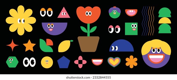 Set of abstract retro geometric shape vector. Collection of contemporary figure, face, lemon, sparkle, flower in 70s groovy style. Cute hippie design element perfect for banner, print, sticker, decor.