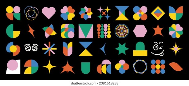 Set of abstract retro geometric shape vector. Collection of contemporary figure, face, sparkle, flower in 70s groovy style. Bauhaus Memphis design element perfect for banner, print, sticker, decor.