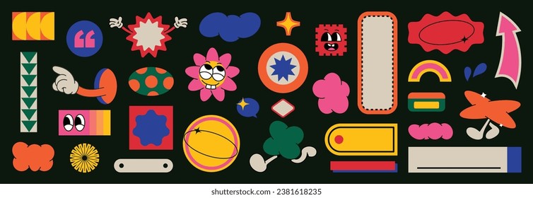 Conjunto de vector abstracto de forma geométrica retro. Colección de figuras contemporáneas, flecha, cara, flor en estilo groovy de los años 70. Bauhaus Memphis es un elemento de diseño perfecto para banner, impresión, pegatina, decoración.