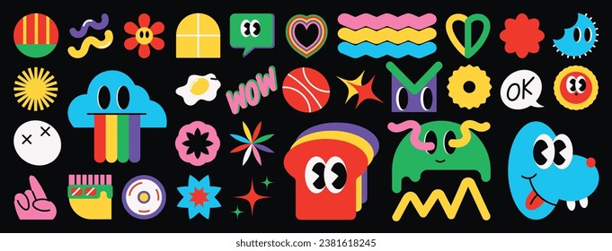 Set of abstract retro geometric shape vector. Collection of contemporary figure, flower, bread, cloud in 70s groovy style. Bauhaus Memphis design element perfect for banner, print, sticker, decor.