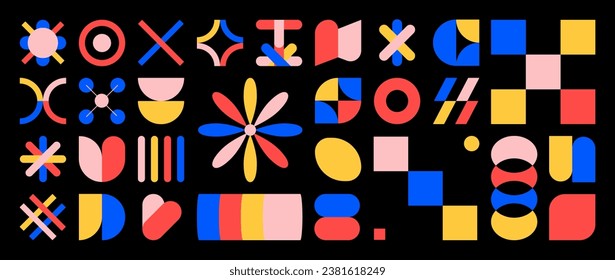 Set of abstract retro geometric shape vector. Collection of contemporary figure, sparkle, flower, circle in 70s groovy style. Bauhaus Memphis design element perfect for banner, print, sticker, decor.