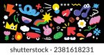 Set of abstract retro geometric shapes vector. Collection of contemporary figure, thunderbolt, arrow, melody in 70s groovy style. Bauhaus Memphis design element perfect for banner, print, stickers.