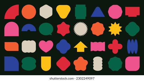 Conjunto de formas abstractas retro geométricas vectoriales. Colección de figuras contemporáneas, corazón, círculo, estrellas en estilo groovy de los años 70. Bauhaus Memphis es un diseño perfecto para banner, impresiones, pegatinas, decoración.