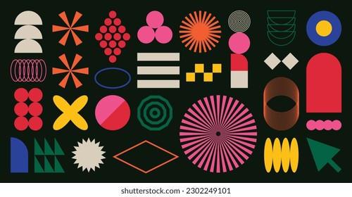 Conjunto de formas abstractas retro geométricas vectoriales. Colección de figuras contemporáneas, brillantes, circulares, líneas en el estilo groovy de los años 70. Bauhaus Memphis es un diseño perfecto para banner, impresiones, pegatinas, decoración.