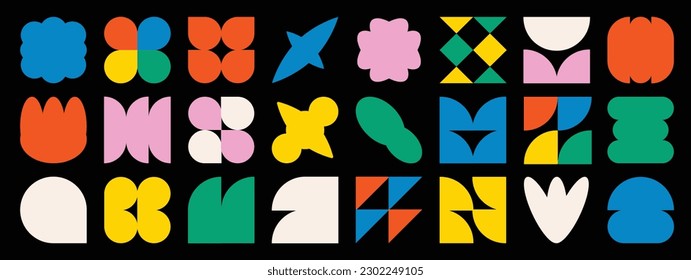 Conjunto de formas abstractas retro geométricas vectoriales. Colección de figuras contemporáneas, flores, estrellas en estilo groovy de los años 70. Bauhaus Memphis es un diseño perfecto para banner, impresiones, pegatinas, decoración.