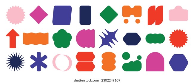 Conjunto de formas abstractas retro geométricas vectoriales. Colección de figuras contemporáneas, espumoso, flecha en estilo groovy de los años 70. Bauhaus Memphis es un diseño perfecto para banner, impresiones, pegatinas, decoración.