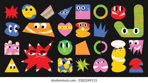 Set of abstract retro geometric shapes vector. Collection of contemporary figure, heart, sparkle, feeling in 70s groovy style. Cute hippie design element perfect for banner, print, stickers, decor.