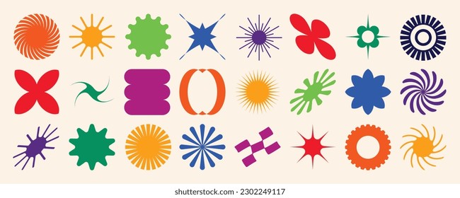 Set of abstract retro geometric shapes vector. Collection of contemporary figure, sparkle, flower in 70s groovy style. Bauhaus Memphis design element perfect for banner, prints, stickers, decor.