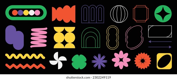 Set of abstract retro geometric shapes vector. Collection of contemporary figure, sparkle, arrow, flower in 70s groovy style. Bauhaus Memphis design element perfect for banner, print, stickers, decor.