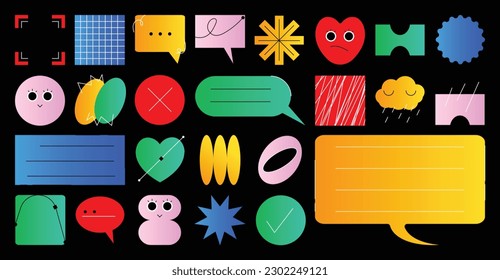 Set of abstract retro geometric shapes vector. Collection of contemporary figure, words, heart, cloud in 70s groovy style. Cute hippie design element perfect for banner, print, stickers, decor.