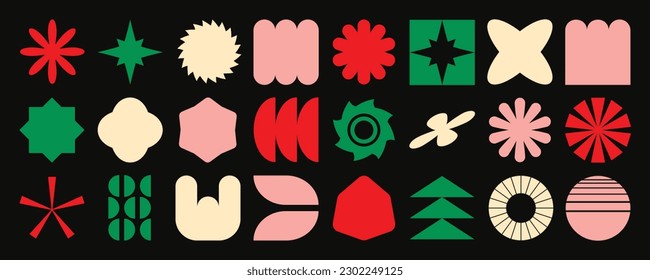 Conjunto de formas abstractas retro geométricas vectoriales. Colección de figuras contemporáneas, espumosas y floridas al estilo de los años 70. Bauhaus Memphis es un diseño perfecto para banner, impresiones, pegatinas, decoración.