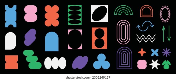 Set of abstract retro geometric shapes vector. Collection of contemporary figure, sparkle, arrow, line in 70s groovy style. Bauhaus Memphis design element perfect for banner, prints, stickers, decor.