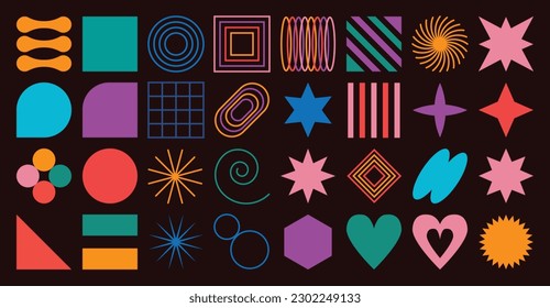 Conjunto de formas abstractas retro geométricas vectoriales. Colección de figuras contemporáneas, corazón, línea, estrellas en estilo groovy de los años 70. Bauhaus Memphis es un diseño perfecto para banner, impresiones, pegatinas, decoración.