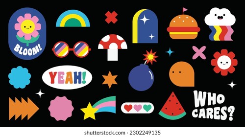 Conjunto de formas abstractas retro geométricas vectoriales. Colección de figuras contemporáneas, palabras, bombas, nubes, estrellas en el estilo groovy de los años 70. Diseño hippie, perfecto para banner, impresiones, pegatinas, decoración.
