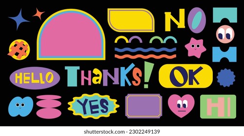 Set of abstract retro geometric shapes vector. Collection of contemporary figure, words, heart, star in 70s groovy style. Cute hippie design element perfect for banner, print, stickers, decor. - Shutterstock ID 2302249139