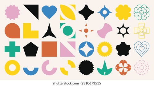 Set of abstract retro geometric shapes vector. Collection of contemporary figure, flower, sparkle, heart in 70s groovy style. Bauhaus Memphis design element perfect for banner, print, sticker, decor.