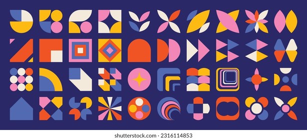 Set of abstract retro geometric shapes vector. Collection of contemporary figure, sparkle,square, flower in 70s groovy style. Bauhaus Memphis design element perfect for banner, print, stickers, decor.