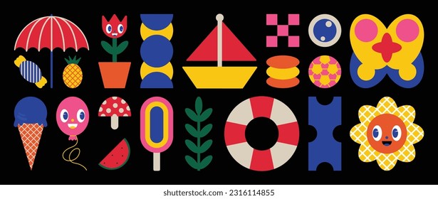 Set of abstract retro geometric shapes vector. Collection of contemporary figure, flower, boat, mushroom in 70s groovy style. Cute hippie design element perfect for banner, print, stickers, decor.