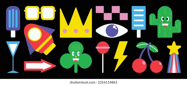 Set of abstract retro geometric shapes vector. Collection of contemporary figure, arrow, ice cream, rocket in 70s groovy style. Cute hippie design element perfect for banner, print, stickers, decor.