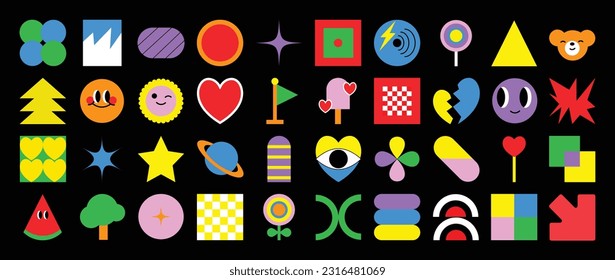 Set of abstract retro geometric shapes vector. Collection of contemporary figure, flower, star, heart, eye in 70s groovy style. Cute hippie design element perfect for banner, print, stickers, decor.