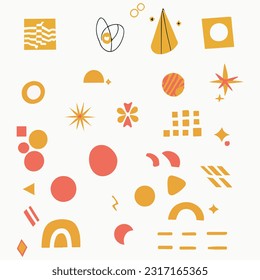 Satz abstrakter geometrischer Retro-Formen Vektor. Kollektion von zeitgenössischer Figur, funkelnd, florierend in den 70er Jahren groovy Stil. Bauhaus Memphis Design Element perfekt für Banner, Drucke, Aufkleber, Dekoration.