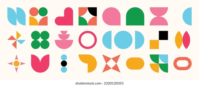 Set of abstract retro geometric shapes vector. Collection of contemporary figure, flower, sparkle, circle in 70s groovy style. Bauhaus Memphis design element perfect for banner, print, sticker, decor.