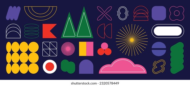 Conjunto de formas abstractas retro geométricas vectoriales. Colección de figuras contemporáneas, brillantes, circulares, líneas en el estilo groovy de los años 70. Bauhaus Memphis es un diseño perfecto para banner, impresiones, pegatinas, decoración.