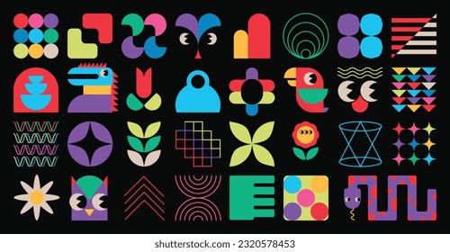 Set of abstract retro geometric shapes vector. Collection of contemporary figure, flower, bird, snake in 70s groovy style. Cute hippie design element perfect for banner, print, stickers, decor.