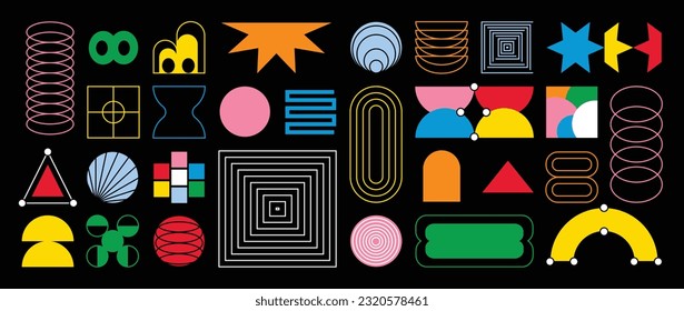 Set of abstract retro geometric shapes vector. Collection of contemporary figure, sparkle, circle, line in 70s groovy style. Bauhaus Memphis design element perfect for banner, prints, stickers, decor.