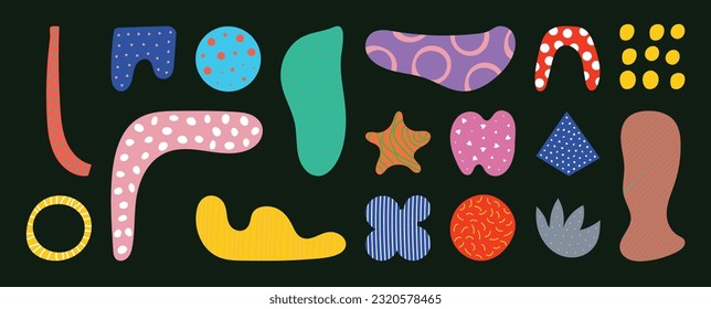 Set of abstract retro geometric shapes vector. Collection of contemporary figure, flower, star, circle, line in 70s groovy style. Cute hippie design element perfect for banner, print, stickers, decor.