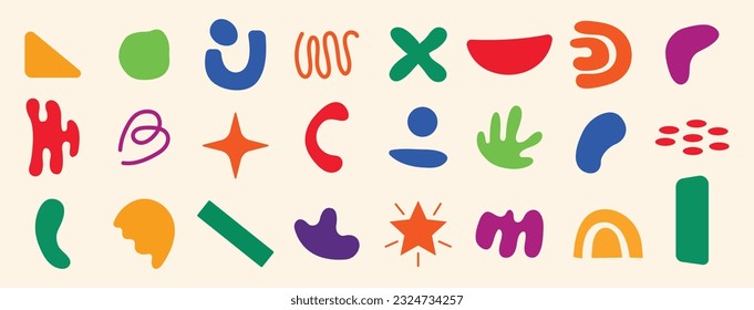 Set of abstract retro geometric shapes vector. Collection of contemporary figure, flower, doodle, square in 70s groovy style. Bauhaus Memphis design element perfect for banner, print, stickers, decor