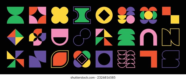 Set of abstract retro geometric shapes vector. Collection of contemporary figure, flower, circle, line in 70s groovy style. Bauhaus Memphis design element perfect for banner, prints, stickers, decor.