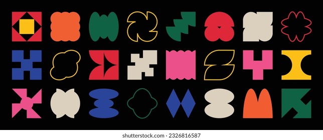 Conjunto de formas abstractas retro geométricas vectoriales. Colección de figuras contemporáneas, flecha, círculo, línea en estilo groovy de los años 70. Bauhaus Memphis es un diseño perfecto para banner, impresiones, pegatinas, decoración.