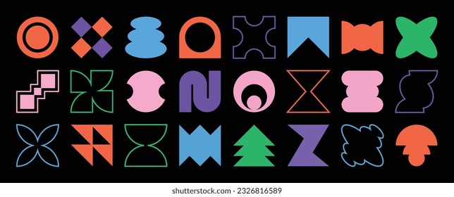 Set of abstract retro geometric shapes vector. Collection of contemporary figure, sparkle, circle, line in 70s groovy style. Bauhaus Memphis design element perfect for banner, prints, stickers, decor.