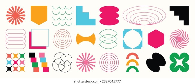 Set of abstract retro geometric shapes vector. Collection of contemporary figure, flower, line, sparkle in 70s groovy style. Bauhaus Memphis design element perfect for banner, print, stickers, decor.