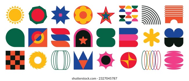 Set of abstract retro geometric shapes vector. Collection of contemporary figure, flower, star, sparkle in 70s groovy style. Bauhaus Memphis design element perfect for banner, print, stickers, decor.