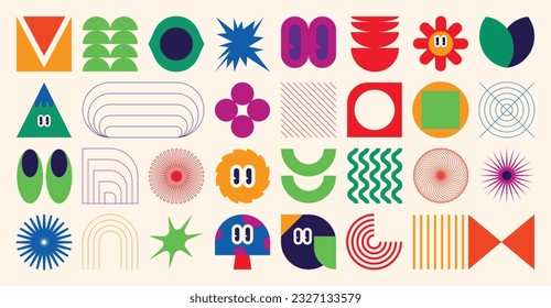 Set of abstract retro geometric shapes vector. Collection of contemporary figure, mushroom, flower, eye in 70s groovy style. Bauhaus Memphis design element perfect for banner, print, stickers, decor.