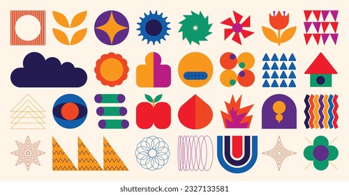 Set of abstract retro geometric shapes vector. Collection of contemporary figure, home, flower, cloud in 70s groovy style. Bauhaus Memphis design element perfect for banner, print, stickers, decor.