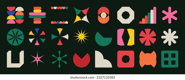 Set of abstract retro geometric shapes vector. Collection of contemporary figure, sparkle, star, flower in 70s groovy style. Bauhaus Memphis design element perfect for banner, print, stickers, decor.