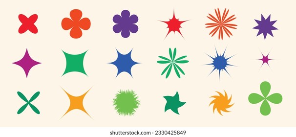 Set of abstract retro geometric shapes vector. Collection of contemporary figure, stars, flowers in 70s 80s groovy style.